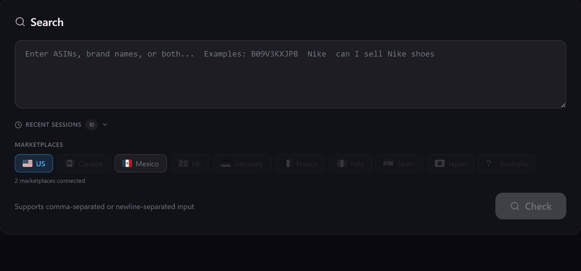 The search box in the app, where a seller types ASINs, brand names or a question in plain words